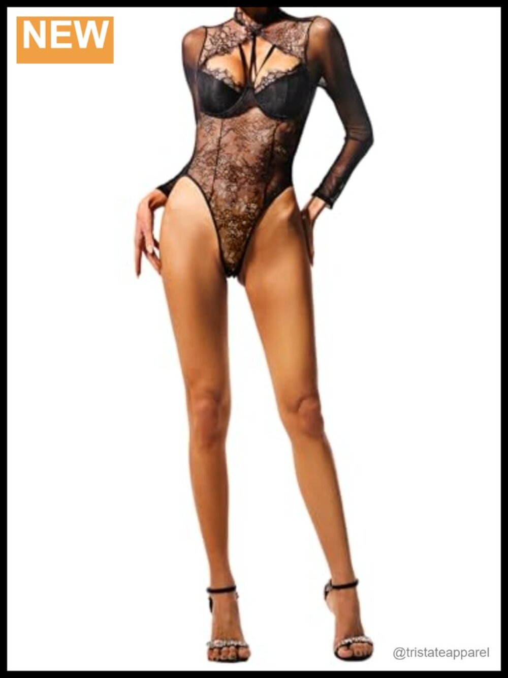 Women's Black Mini Jumpsuit Long Sleeve Mock Neck Lace Cut Out Club Outfit